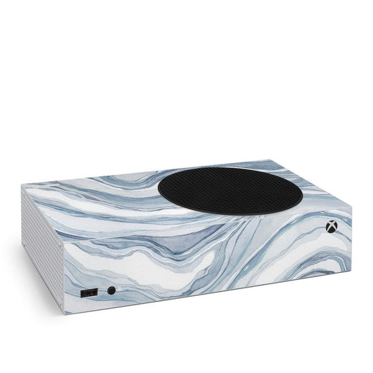 Xbox Series S skin with blue/white marble swirls and black top pad