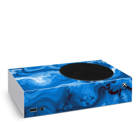 Blue agate-pattern Xbox Series S skin with black vent cutout and logo