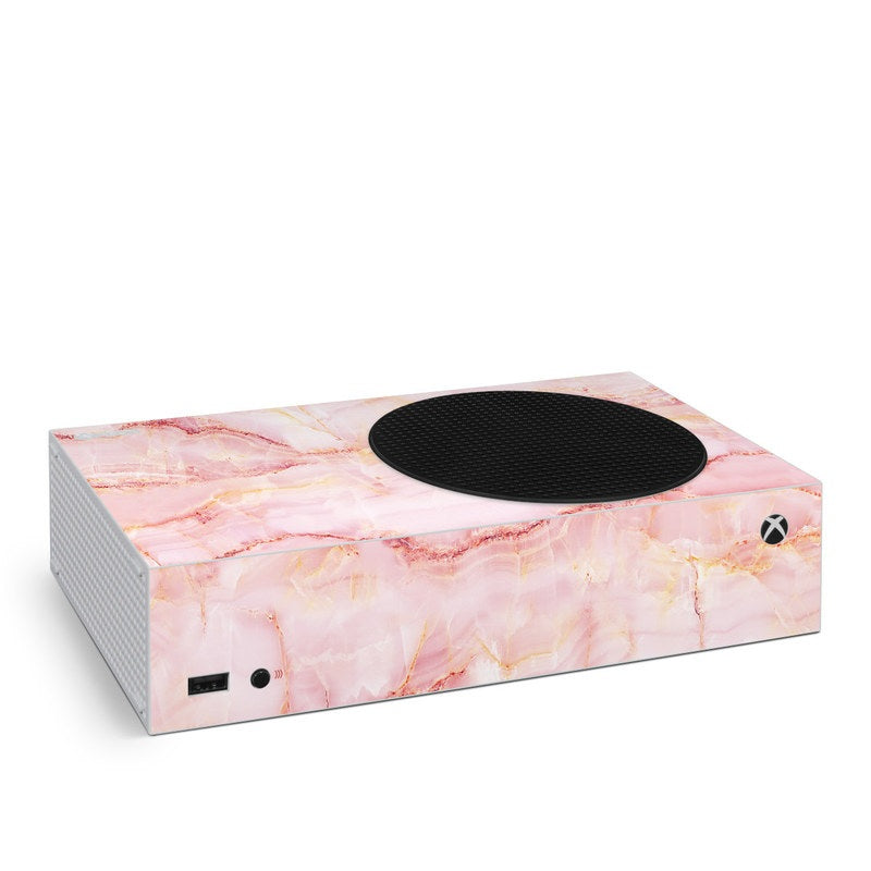 Xbox Series S console skin with pink marble design and black speaker cutout