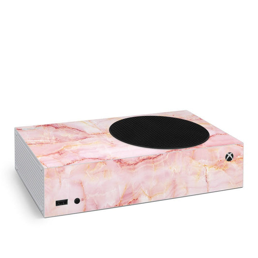 Xbox Series S console skin with pink marble design and black speaker cutout