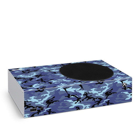 Xbox Series S skin with blue sky camo pattern and oval vent cutout