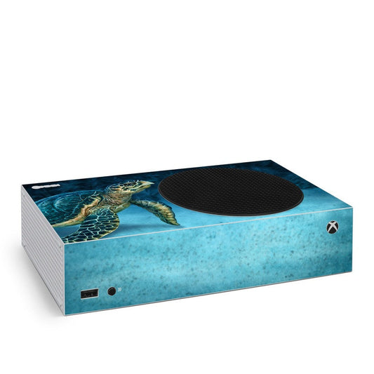 Xbox Series S console skin with sea turtle artwork and blue gradient design
