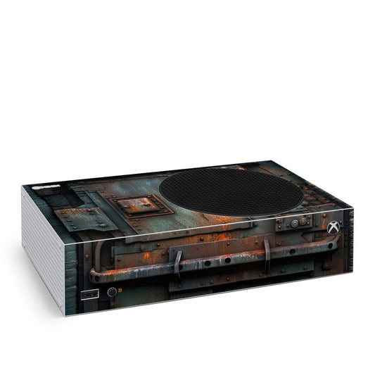 Xbox Series S console skin with industrial sci-fi metal design and circular detail