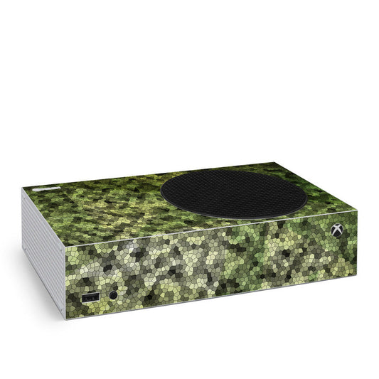 Xbox Series S skin with green camouflage and hex pattern, black oval