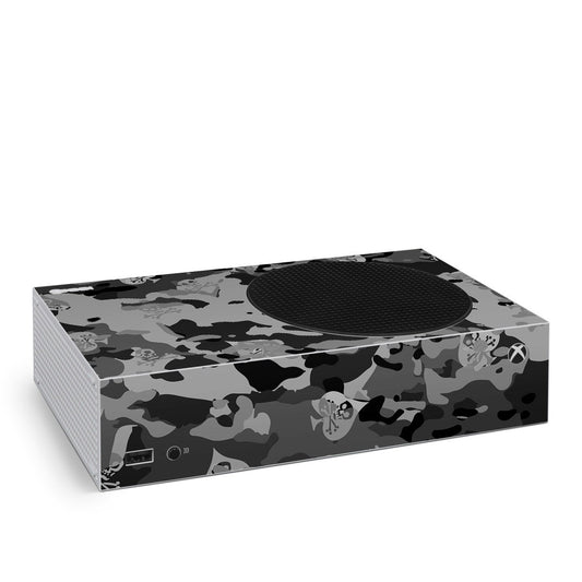 Xbox Series S console skin with black and gray camo pattern and circular top cover