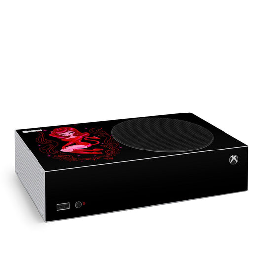 Xbox Series S skin packaging box with red devil artwork and black design