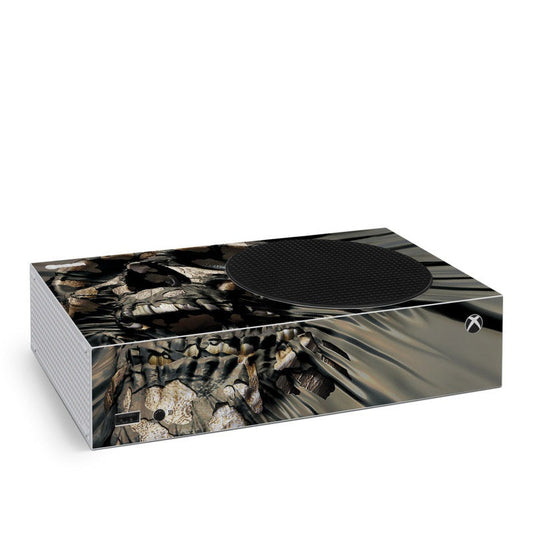 Xbox Series S skin wrap with skull and bones design, matching circular top decal