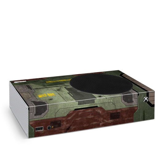 Xbox Series S skin with green and red sci‑fi pattern and console vent cover graphic