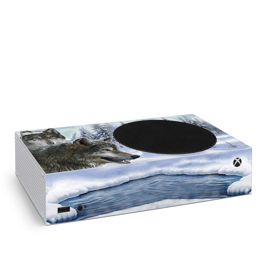 Xbox Series S device skin with snowy wolves and oval speaker cutout