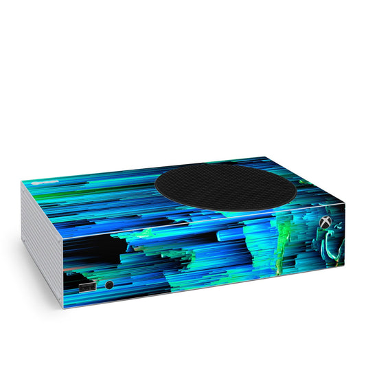 Xbox Series S console skin with blue futuristic space race artwork and black center vent cover