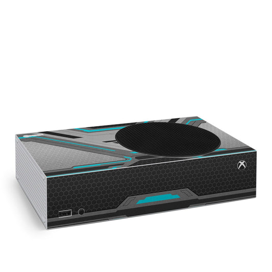 Xbox Series S console skin with black hex pattern and teal blue accents