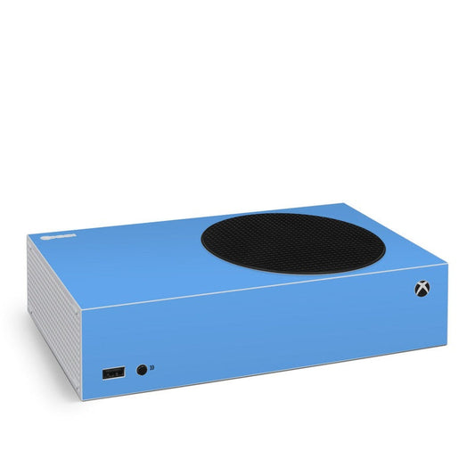 Blue Xbox Series S skin with black circular top vent and front ports