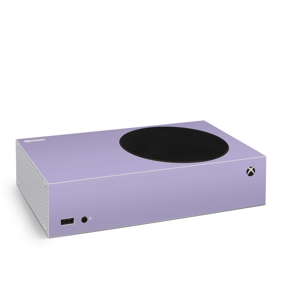 Lavender Xbox Series S skin with black oval vent on top panel