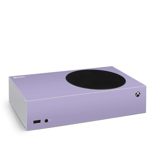 Lavender Xbox Series S skin with black oval vent on top panel