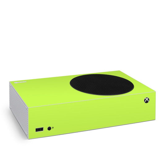 Lime green Xbox Series S skin with black vent cutout and Xbox logo