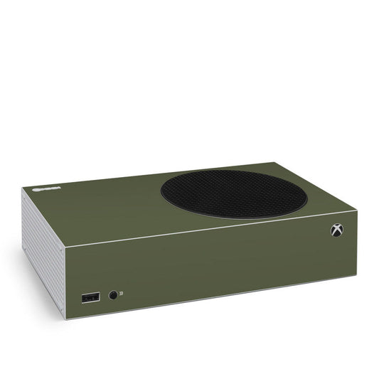 Olive drab Xbox Series S console skin with black vent cutout and Xbox logo