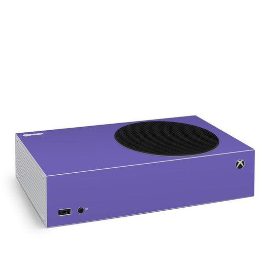 Purple Xbox Series S console skin with black circular vent and Xbox logo on top.