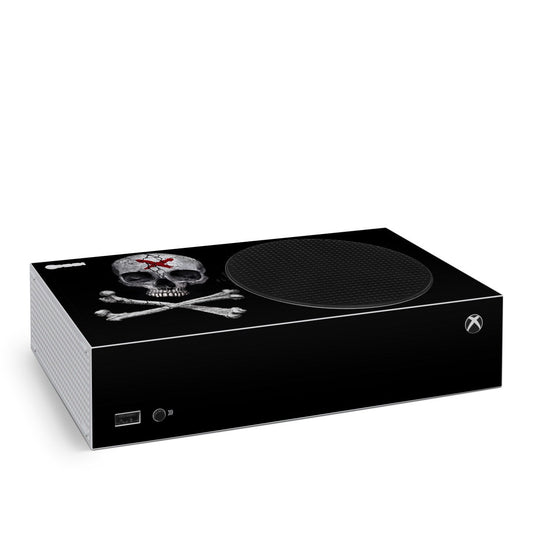 Xbox Series S skin with skull graphic and red cross on black design panel