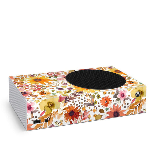 Xbox Series S console skin with watercolor sunflower and floral design, black vent cutout