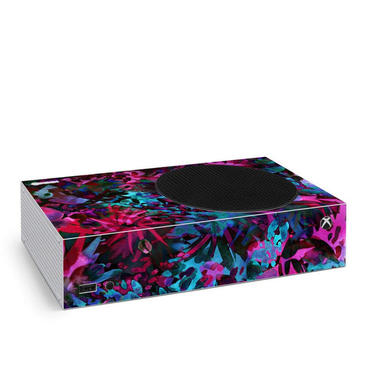 Xbox Series S skin with vibrant tropical graphic, circular top cutout and controller button labels