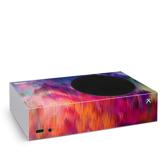Xbox Series S console skin with purple-blue orange storm graphic and black vent cutout