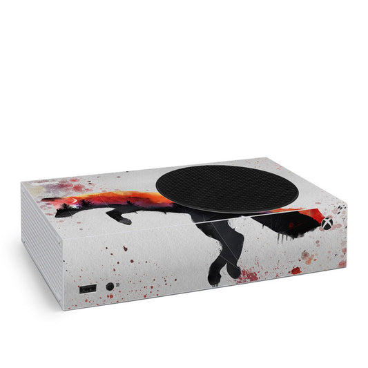 Xbox Series S skin with game controller silhouette, orange fire, and red paint splatter