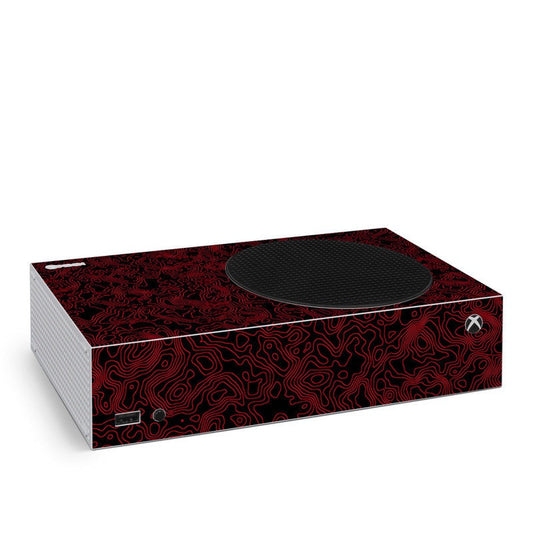 Xbox Series S console skin with red and black circuit pattern and Xbox logo