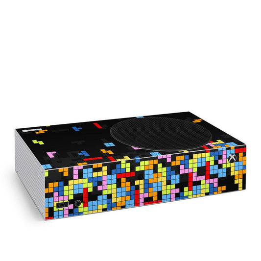 Xbox Series S console skin with black pixel art blocks and multicolor grid design.