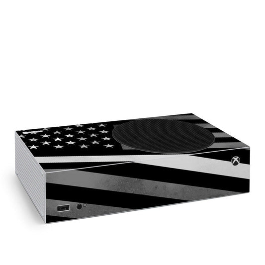Xbox Series S skin with black-and-white star stripes and Xbox logo