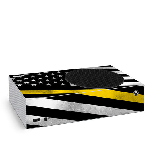 Xbox Series S skin with thin yellow line, stars, and striped flag design