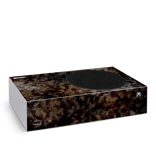 Xbox Series S skin with brown camouflage mosaic pattern and black circular cutout