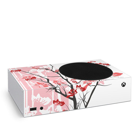 Xbox Series S skin with pink floral pattern and black top detail