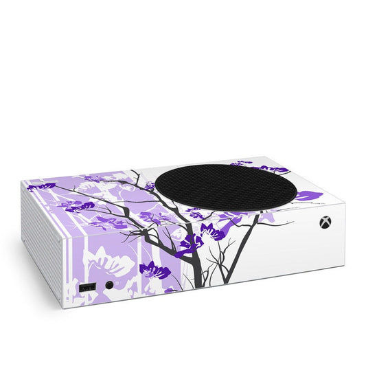 Microsoft Xbox Series S skin with violet floral pattern on white background