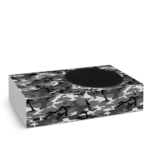 Xbox Series S skin with black, gray urban camo pattern and circular top cutout