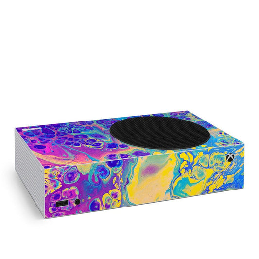 Xbox Series S console skin with colorful purple, blue, yellow abstract unicorn-style graphic