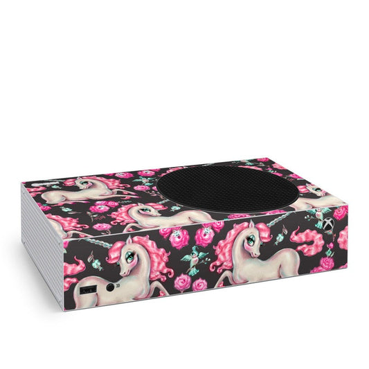 Xbox Series S skin with unicorn and rose pattern on pink and black base