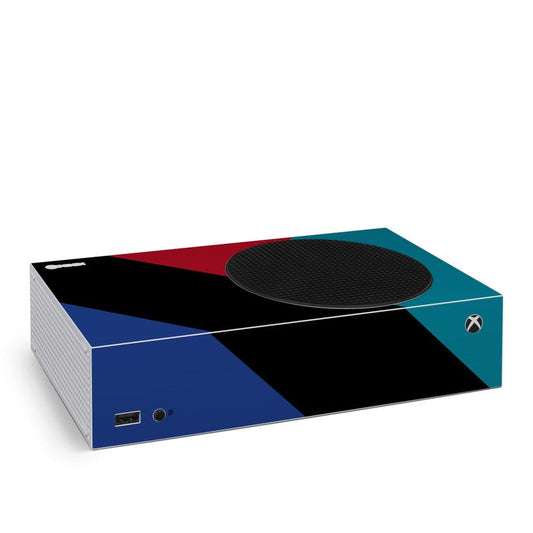 Xbox Series S console skin with blue, black, red, and teal geometric design
