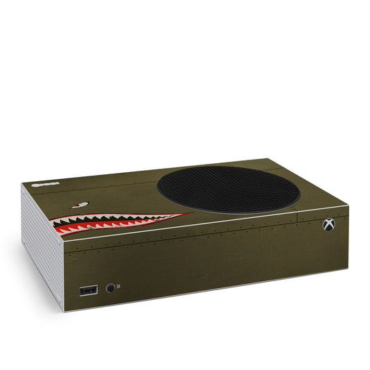 Xbox Series S skin with olive green shark mouth graphic and Xbox logo