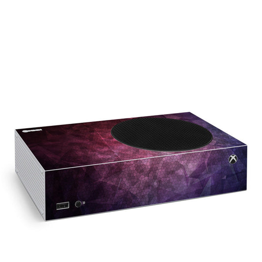 Xbox Series S console skin with purple-maroon abstract design and black vent cover
