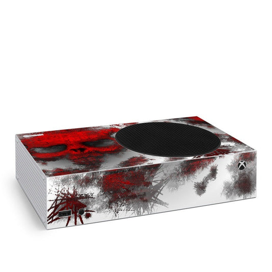 Xbox Series S skin with red and gray war-themed design and a centered circular panel