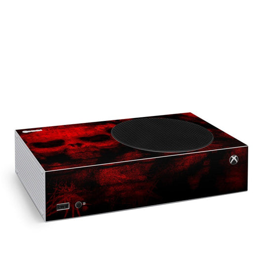 Xbox Series S console skin with red and black war-themed graphics