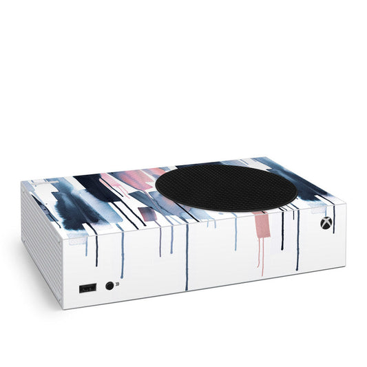 Xbox Series S skin with watery stripes in blue, white, and pink on light base