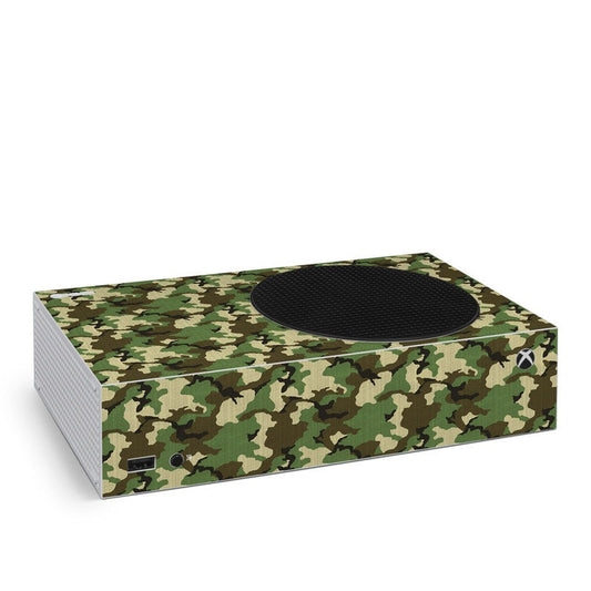 Woodland camo Xbox Series S skin with black oval vent and Xbox logo