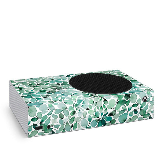 Xbox Series S skin with watercolor eucalyptus leaf pattern and black oval cutout