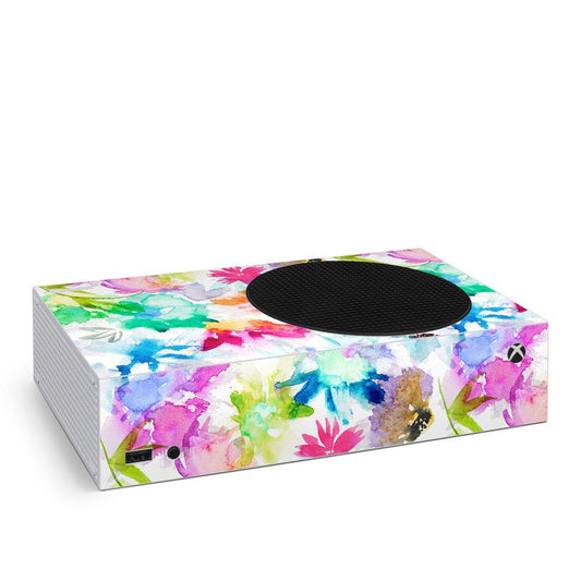 Colorful watercolor floral Xbox Series S skin with circular cutout for top vent