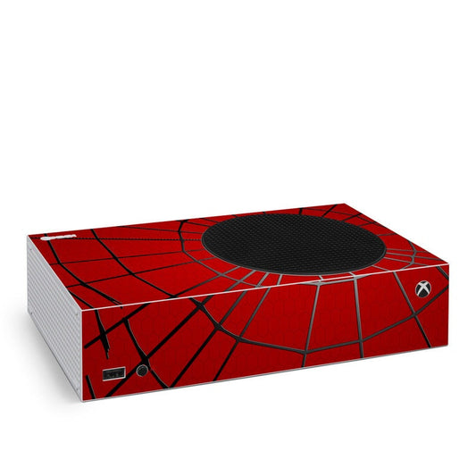 Xbox Series S skin with red spiderweb pattern and black oval vent cover