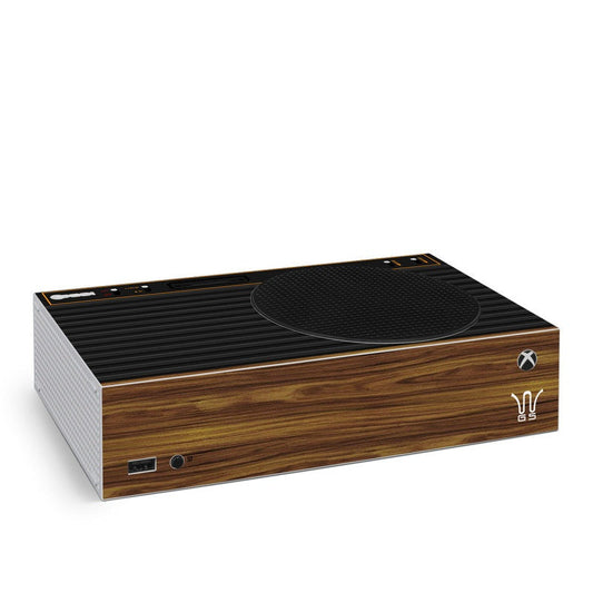 Wooden Xbox Series S skin with dark top panel and circular textured center section