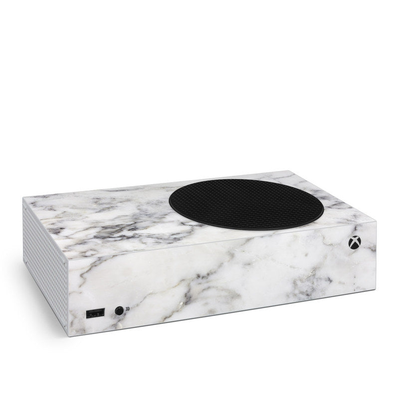White marble-pattern skin for Xbox Series S console with black speaker cutout