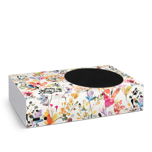 Xbox Series S skin with colorful wild grass and flower pattern, black vent circle