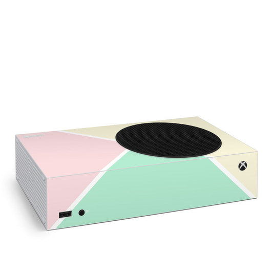 Xbox Series S console skin, pastel geometric mint, pink and cream with Xbox logo and vent cutout